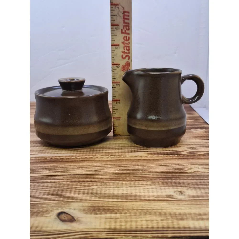 Vintage Three Tone Brown Stoneware‎ Covered Sugar and Creamer Set